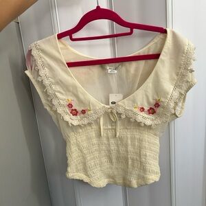 Kimchi Blue Cream Blouse with Floral Embroidery